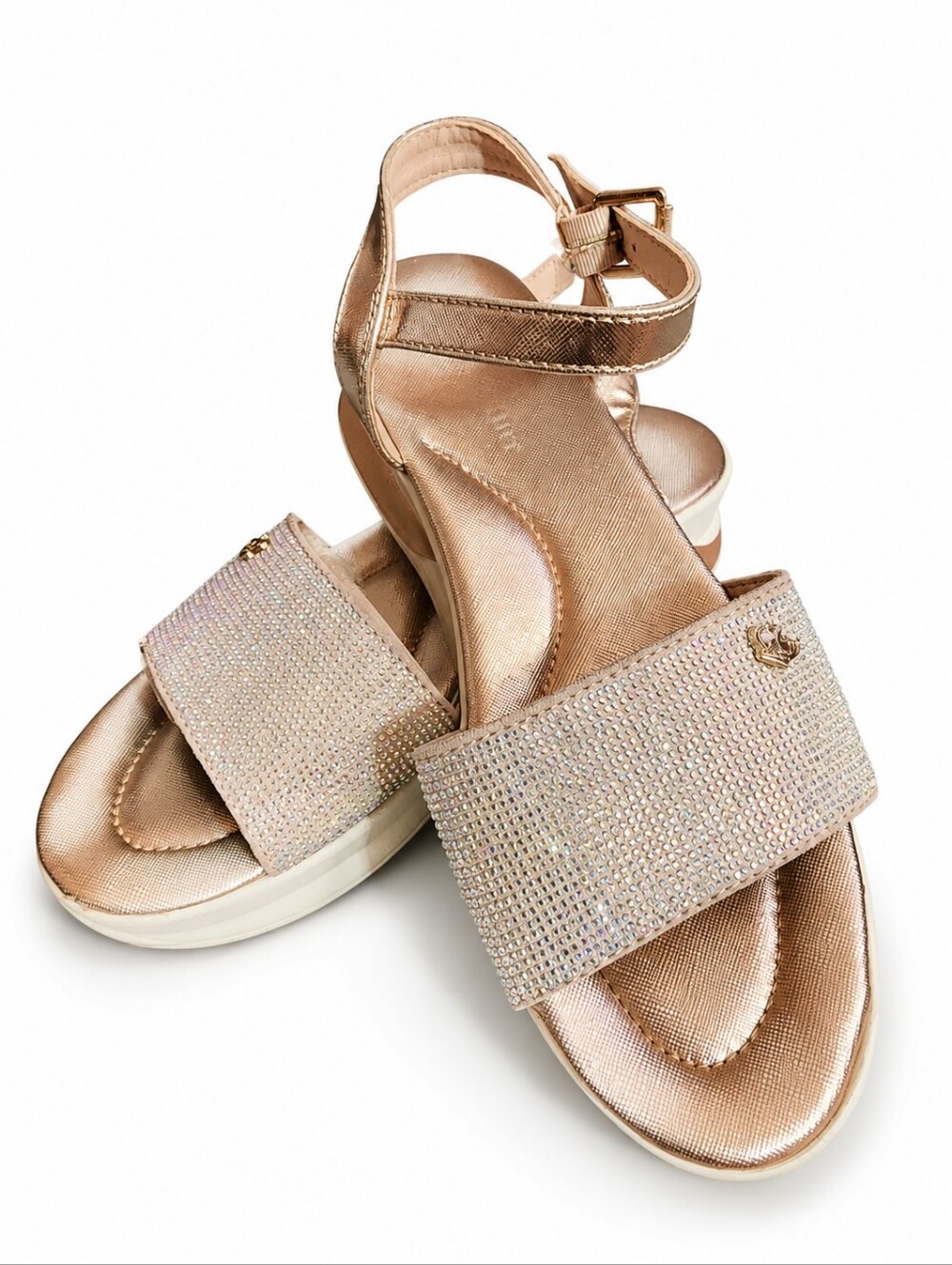 Juicy Couture Impress Rose Gold Iridescent Rhinestone Wedge Sandals Size 7.5